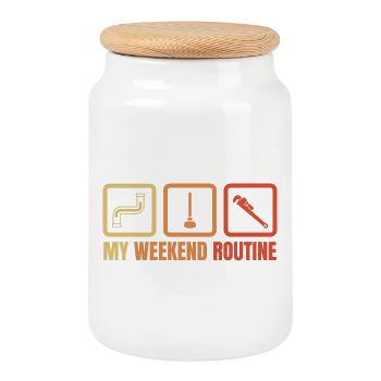 Plumber Weekend Routine - Cookie Jar with Wooden Lid - white - Front