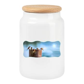 Fotodesign Spatzen-Meeting geschwungen umrandet - Keksdose mit Holzdeckel - Weiß - Vorne