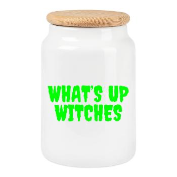 Vibrant Green Whats Up Witches Design - Cookie Jar with Wooden Lid - white - Front