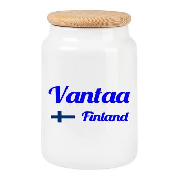 Vantaa Finland Print - Cookie Jar with Wooden Lid - white - Front