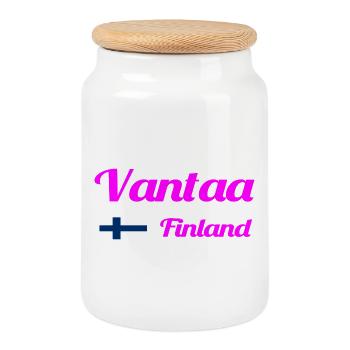 Vantaa Finland Print - Cookie Jar with Wooden Lid - white - Front