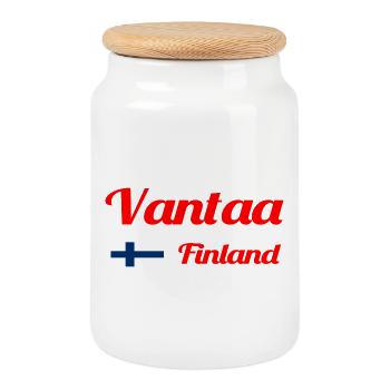 Vantaa Finland Print - Cookie Jar with Wooden Lid - white - Front