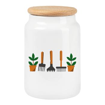 Garden tools and plants - Cookie Jar with Wooden Lid - white - Front