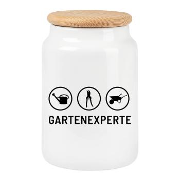 Garden expert: Watering can, hedge trimmers, wheelbarrow - Cookie Jar with Wooden Lid - white - Front