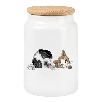 Cat and dog - Cookie Jar with Wooden Lid - white - Front