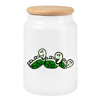 3 turtles back tipped over lying sad - Cookie Jar with Wooden Lid - white - Front