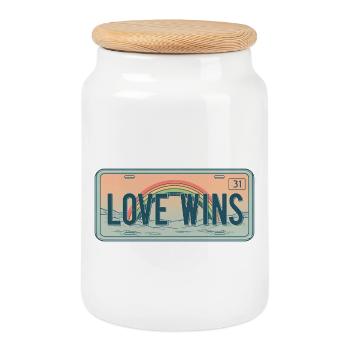 Retro Nummernschild – Love Wins Rainbow - Keksdose mit Holzdeckel - Weiß - Vorne