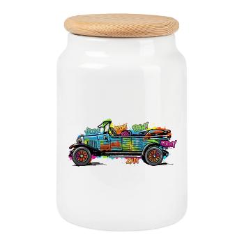 Colorful Comic Car/ Vintage Car Vintage Print - Cookie Jar with Wooden Lid - white - Front