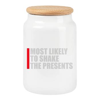Most Likely to Shake the Presents Christmas Fun - Cookie Jar with Wooden Lid - white - Front