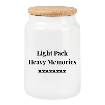 Light Pack, Heavy Memories – Travel Shirt - Keksdose mit Holzdeckel - Weiß - Vorne