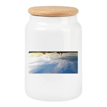 Himmelstrahlen und Contrails - Keksdose mit Holzdeckel - Weiß - Vorne