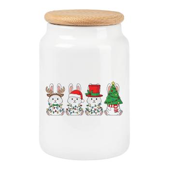 Rabbit Santa Claus Christmas Lights - Cookie Jar with Wooden Lid - white - Front