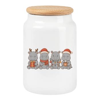 Hippos for children, boys and girls, Christmas - Cookie Jar with Wooden Lid - white - Front