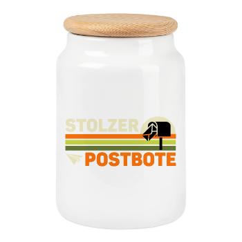 Briefträger STOLZER POSTBOTE Retro Lustiges - Keksdose mit Holzdeckel - Weiß - Vorne