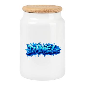 Graffiti DANIEL Name Gift Ideal Printable - Cookie Jar with Wooden Lid - white - Front