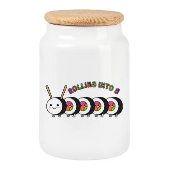 Rolling Into 5 Sushi Birthday - Cookie Jar with Wooden Lid - white - Front
