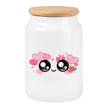 Sticker Valentine Eyes – Kawaii Love Eyes - Cookie Jar with Wooden Lid - white - Front