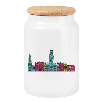 Bruges City Skyline Belfry Tower Modern Art - Cookie Jar with Wooden Lid - white - Front