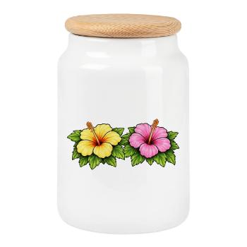 Hibiscus Tropical Flowers - Cookie Jar with Wooden Lid - white - Front