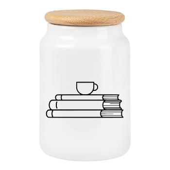 Plan de la pile de livres : Tasse de café - Boîte à biscuits avec couvercle en bois - blanc - Devant