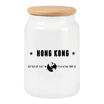 Hong Kong Coordinates Black Typography - Cookie Jar with Wooden Lid - white - Front