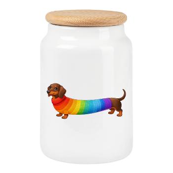 Dackel mit Regenbogen Pullover  - Keksdose mit Holzdeckel - Weiß - Vorne