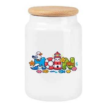 MOIN Möwe Leuchtturm Maritim Bunt - Keksdose mit Holzdeckel - Weiß - Vorne