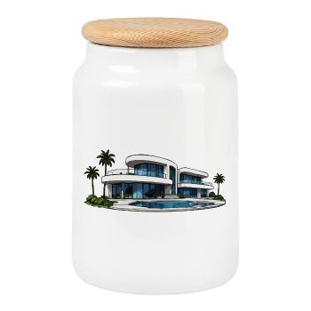 Villa de luxe avec piscine ronde - Boîte à biscuits avec couvercle en bois - blanc - Devant