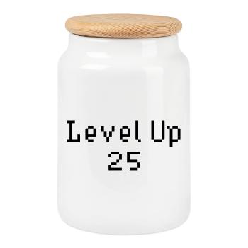 Level Up - 25th Birthday - Cookie Jar with Wooden Lid - white - Front