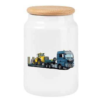 Tieflader mit Bagger - Keksdose mit Holzdeckel - Weiß - Vorne