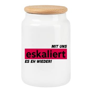 Mit uns eskaliert es eh wieder! - Keksdose mit Holzdeckel - Weiß - Vorne