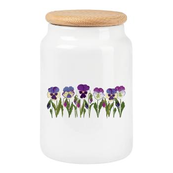 Rangée de fleurs de pensée en violet - Boîte à biscuits avec couvercle en bois - blanc - Devant