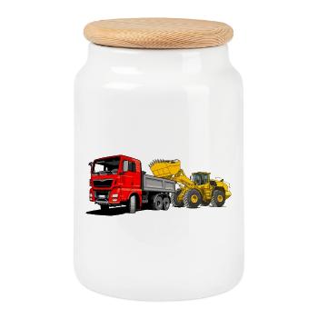 Lastauto mit Radlader - Keksdose mit Holzdeckel - Weiß - Vorne