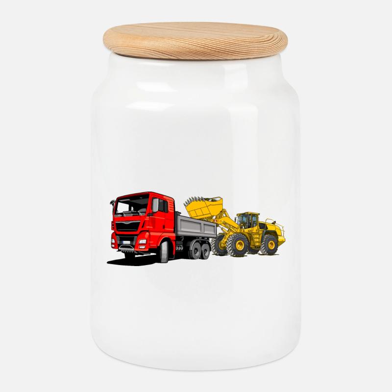 Lastauto mit Radlader - Keksdose mit Holzdeckel - Weiß