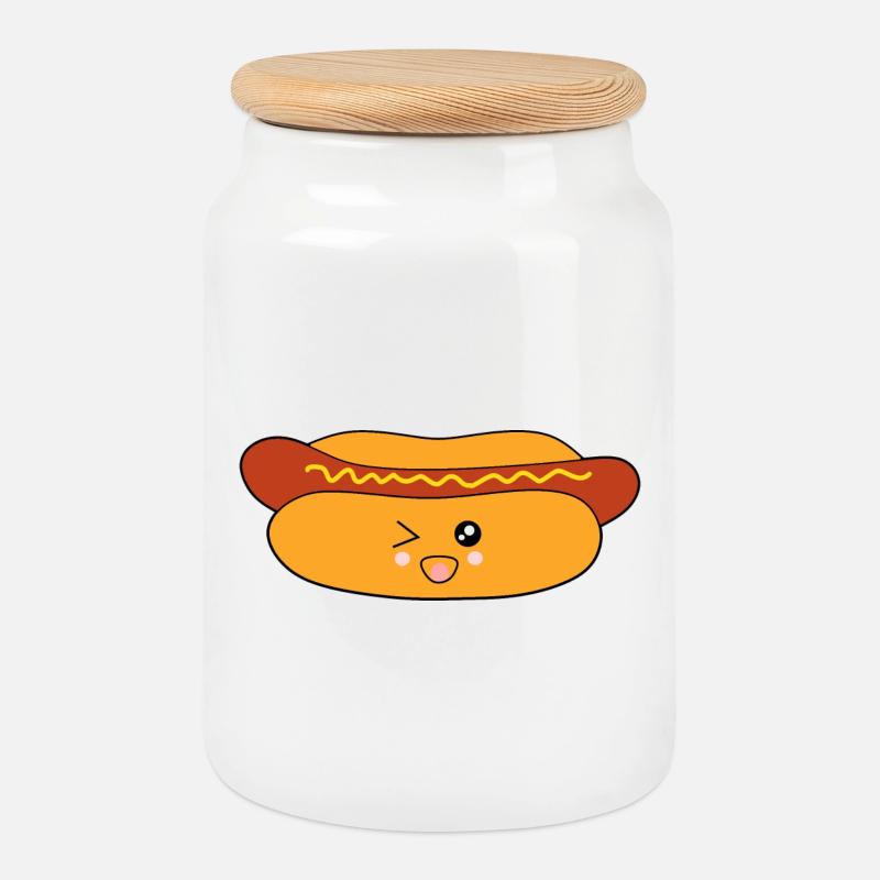 Kawaii, Hot dog,Wurst, Würstchen, Metzger - Keksdose mit Holzdeckel - Weiß