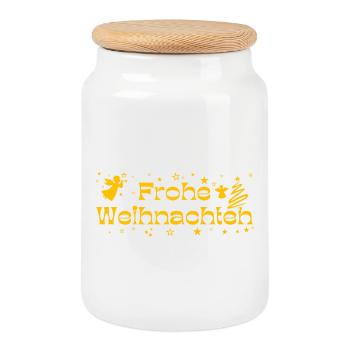 Frohe Weihnachten gelber Text mit Sternen Engeln - Keksdose mit Holzdeckel - Weiß - Vorne