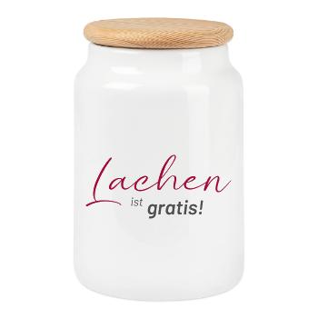 positive Sprüche - Lachen ist gratis - Keksdose mit Holzdeckel - Weiß - Vorne