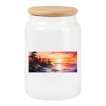 Coucher de soleil - Boîte à biscuits avec couvercle en bois - blanc - Devant