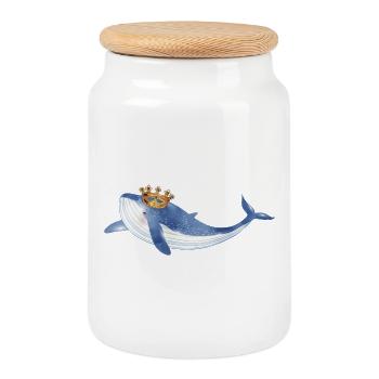 bright blue whale fish with golden crown - Cookie Jar with Wooden Lid - white - Front