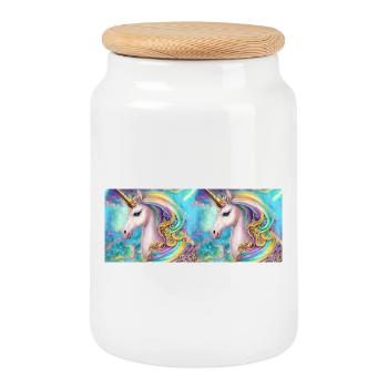 Verzaubertes Einhorn mit Regenbogen-Leuchten - Keksdose mit Holzdeckel - Weiß - Vorne