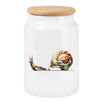 Snail with caravan – Slow Travel as art - Cookie Jar with Wooden Lid - white - Front