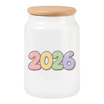 Pastel colored year 2026 - Cookie Jar with Wooden Lid - white - Front