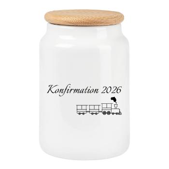 Konfirmation 2026 fahrender Zug dampfende Lok - Keksdose mit Holzdeckel - Weiß - Vorne