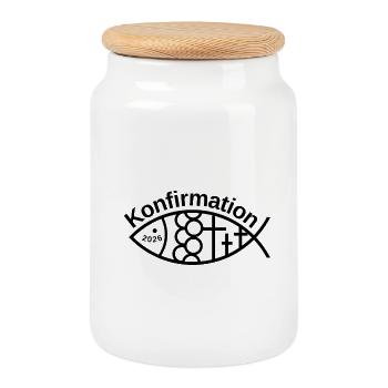 Confirmation 2026 Poisson avec 3 croix Symbole - Boîte à biscuits avec couvercle en bois - blanc - Devant