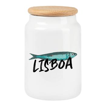 Lisbon Sardine illustration Portugal in summer - Cookie Jar with Wooden Lid - white - Front