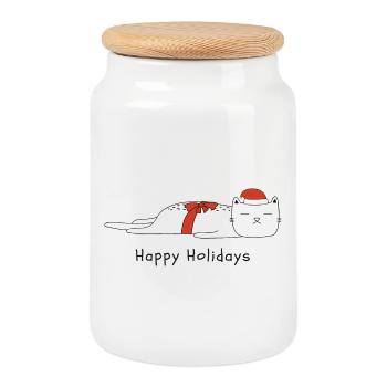 Drôle de chat Noël - Boîte à biscuits avec couvercle en bois - blanc - Devant