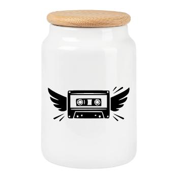 Cassette de musique rétro avec ailes | Années 80 et 90 - Boîte à biscuits avec couvercle en bois - blanc - Devant