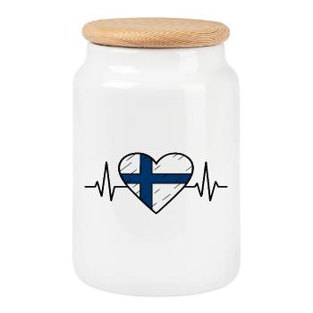 Finland Heartbeat Line Flag Love Travel Design - Cookie Jar with Wooden Lid - white - Front
