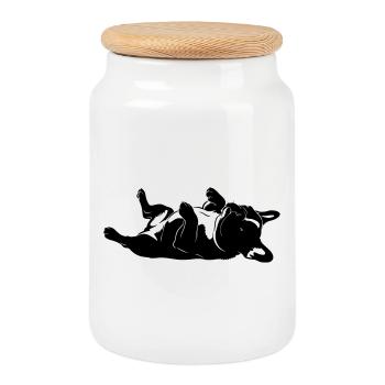 Lying dog on its back - Cookie Jar with Wooden Lid - white - Front