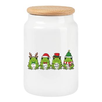 Frog Santa Claus Christmas Lights - Cookie Jar with Wooden Lid - white - Front